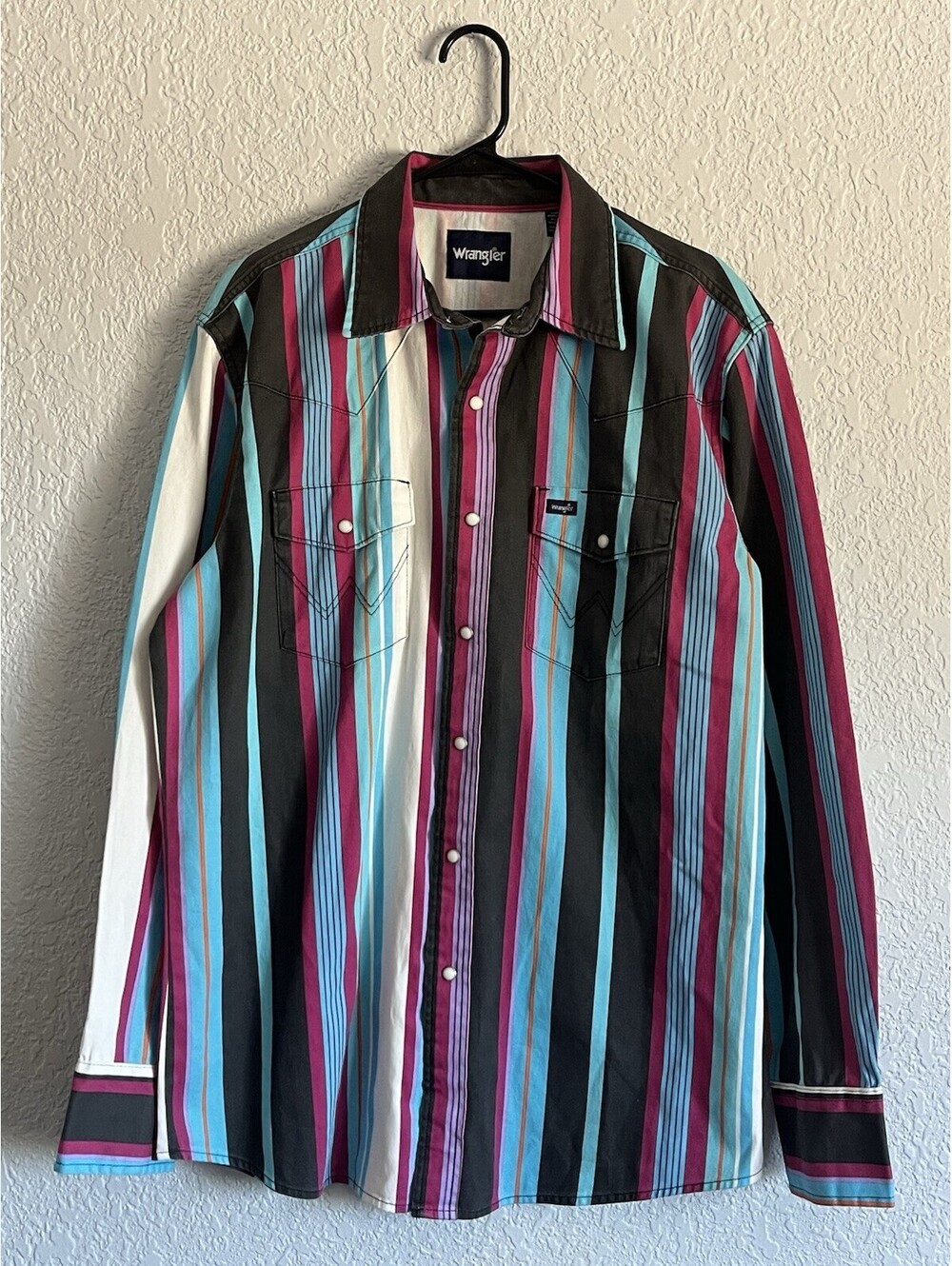 Wrangler Brushpopper Western Striped Pearl Snap Long Sleeve Shirt Mens Cowboy L